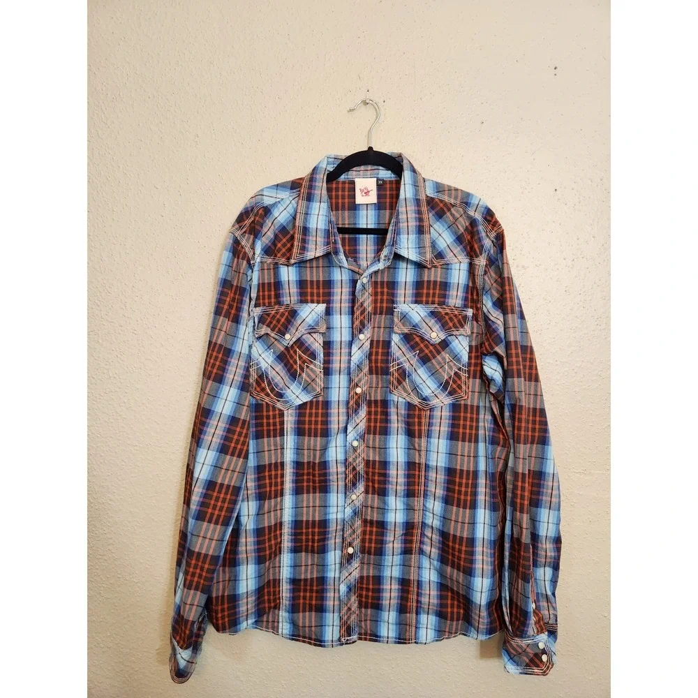 True Religion Western Shirt‎ 3X Blue Orange Plaid Contrast Stitch Long Sleeve
